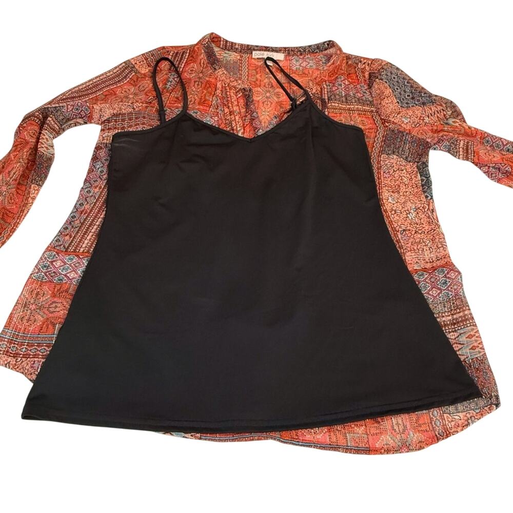Pale Sky Orange Blue Bohemian style Top Silver threads Camisole Smocking V Neck - Picture 5 of 16